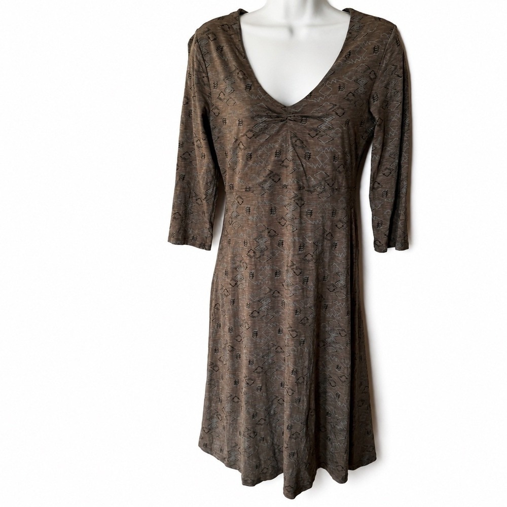 Toad&Co Brown Geometric Print V-Neck Empire Waist A-Line Dress Small Eco Cotton
